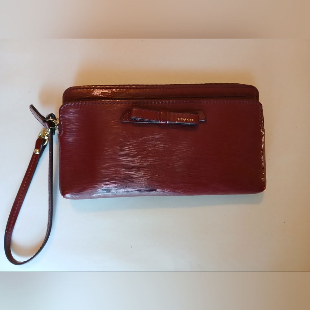 Coach Burgundy Patent Leather Double Zip Bow Wristlet